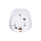 A white universal travel adapter with three pin slots for AU to EU connections, featuring a smooth, rounded design.