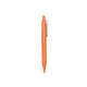 An orange plastic pen with a simple design and a clip, featuring branding on the barrel.