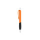 A plastic pen with a bright orange barrel and black grip, featuring a silver accent and a branded logo.