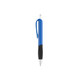 A blue plastic pen with a black grip and a chrome clip, featuring a branding logo.