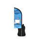 A feather backpack flag with a blue design, featuring a black holder and a logo.