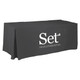 A black 8ft tablecloth with pleated sides and a logo printed on the front.