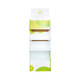 A white cardboard floor display with green circular designs and multiple shelves for product placement.