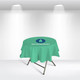 A round table cover in light green with a logo, featuring a message about hand washing.