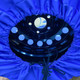 A blue spare tyre cover with a black inner ring features holes and a drawstring for securing the cover.