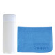 A drink bottle with a white cap next to a blue chamois cloth embossed with the Supa Cham logo.