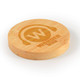 A drink bottle coaster in a round shape made of bamboo, featuring a logo design.