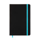 A black A5 notebook with a turquoise elastic band and ribbon bookmark. It features a logo on the cover.