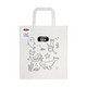 A white cotton tote bag featuring ocean-themed illustrations ready for colouring, with a logo attached.
