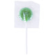 A green lollipop packaged in clear cellophane with a white stick.