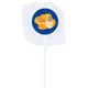 A lollipop wrapped in clear plastic, featuring a colorful logo on top. The stick is white, and it has vibrant colors.