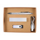 A cardboard gift set containing a silver pen, USB drive, power bank, and charging cable.