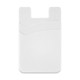 A white dual silicone phone wallet with curved design elements and a logo. Suitable for holding cards.