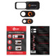 A webcam security cover pack featuring black devices for computers and phones, including installation instructions.