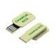 A flash drive in a light green eco-friendly design with a logo, featuring a sliding mechanism for USB connection.
