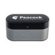 A wireless earbuds charging case in black and silver, featuring a logo and indicator lights on the front.
