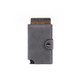 A grey vegan leather wallet with a button closure and several cards partially visible. It features a branding logo.