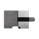 A grey vegan wallet featuring card slots and an elastic strap closure, with a logo on the exterior.