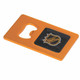 A drink bottle opener in orange with a black inset featuring a logo. It has a rectangular shape and a circular opening.