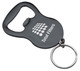 A drink bottle opener in dark grey with a keyring attachment and a logo displayed prominently.