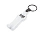 A clear keyring in a human silhouette shape, featuring a black logo and a keychain attachment.