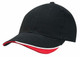 A black cap with a red and white stripe on the brim and a logo on the front.