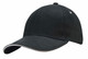A black cap with a sandwich peak, featuring a small logo on the front.