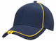 A navy cap made of heavy brushed cotton, featuring a contrast yellow stripe on the peak and a logo.