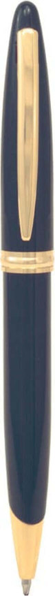 A black metal pen with gold accents and a twist action mechanism. It features a logo.