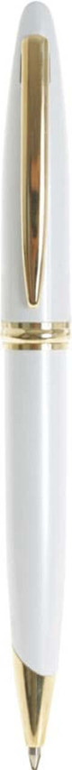 A metal pen in white with gold accents and a twist action mechanism. The pen features a branding logo.