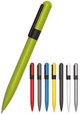 A sleek metal pen with a twist action, available in green, red, blue, grey, yellow, black, and silver. It has a logo.