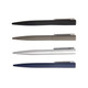 Four metal pens in black, grey, silver, and navy, featuring a rubberised barrel finish and a clip. Each pen has a logo.