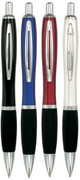 A set of four metal pens with curved barrels and black rubber grips, featuring black, blue, red, and white colours.