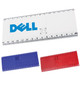 A set of three rulers in blue, red, and white, featuring a logo on the white ruler.