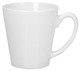 A conical-shaped white coffee mug with a handle, featuring a smooth finish and a simple design.