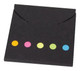 A sticky note pad and flag set in black, featuring five coloured flags: orange, pink, green, blue, and yellow.