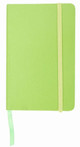 A lime green notebook with an elastic closure, featuring 192 cream lined pages and a ribbon bookmark.
