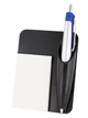 A black car air vent note pad and pen holder featuring a pen and a notepad.