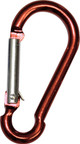 A red carabiner key ring featuring a silver locking mechanism and a smooth, rounded design.