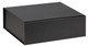 A flat pack magnetic box in a sleek black finish, featuring a simple design and an identifiable logo.