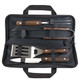 A BBQ tool set featuring four stainless steel utensils with wooden handles, housed in a black zippered case.
