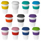 A set of reusable coffee cups in various colours with silicone lids and bands, featuring a logo on each.