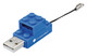 A blue USB flash drive designed as a Lego brick with a loop for attachment and a logo on the side.