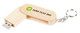 A wooden USB flash drive with a rotating design and a keychain attachment, featuring a green logo.