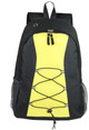 A black and yellow Infinity Backpack featuring a front bungee cord design and mesh side pockets.