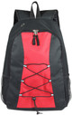 A black and red backpack featuring a mesh pocket and decorative elastic cords, with a logo on the front.