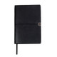 A black A5 size notebook with a leather look, featuring an elastic closure and a bookmark. It has 112 pages.