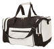 A black and white duffle bag with dual handles, a shoulder strap, and one external zipper pocket.