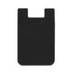 A soft touch silicone phone card holder in black, featuring a curved pocket design and a logo.