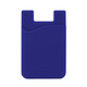 A soft touch silicone phone card holder in blue with a curved pocket and a cut-out section at the top.